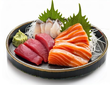 salmon and tuna meat eel sashimi isolated on white background