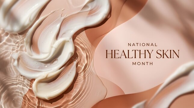 National Healthy Skin Month cream swirls on soft pink background