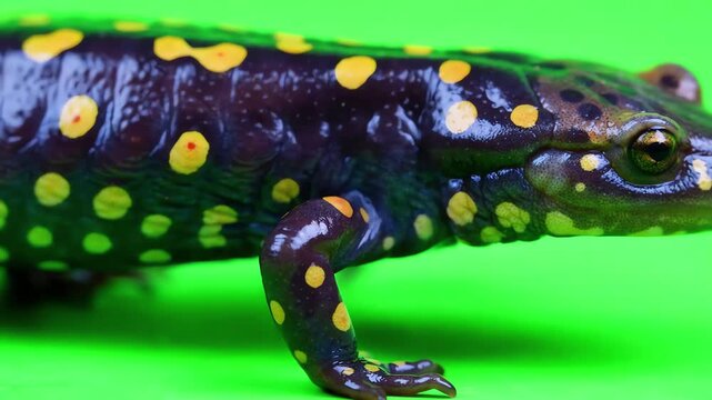 Detailed macro shot of a spotted salamander walking across a bright green screen background with slow deliberate movements of its limbs