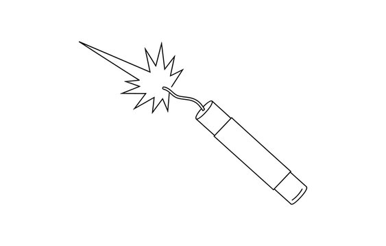 Simple line drawing of a lit dynamite stick with a burning fuse and sparks isolated on transparent background