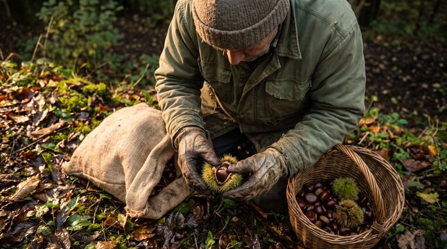 A man wearing leather gloves and a green jacket harvests chestnuts in an autumn forest, opening a spiny green husk next to a wicker basket and burlap sack