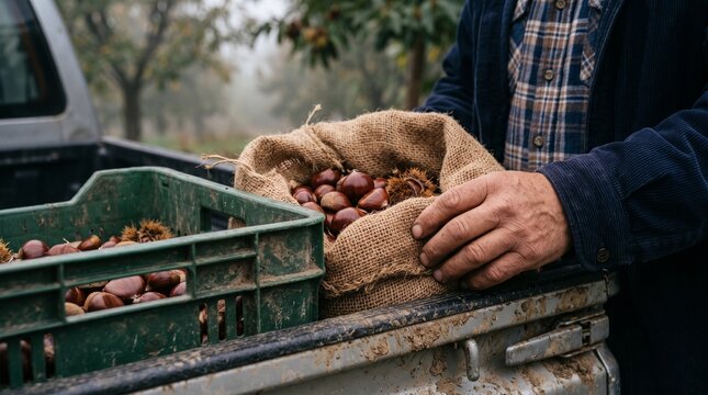 Close-up of a farmer's weathered hands holding a burlap sack filled with freshly harvested chestnuts next to a plastic crate in the back of a muddy pickup truck