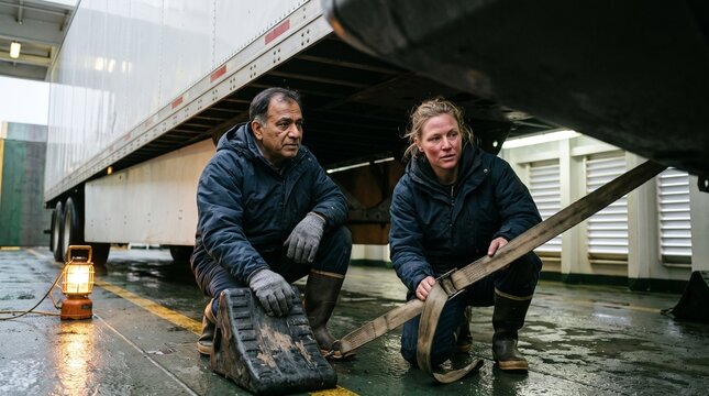 Two transportation workers securing a semi-truck trailer on a ferry deck using heavy-duty tie-down straps and wheel chocks