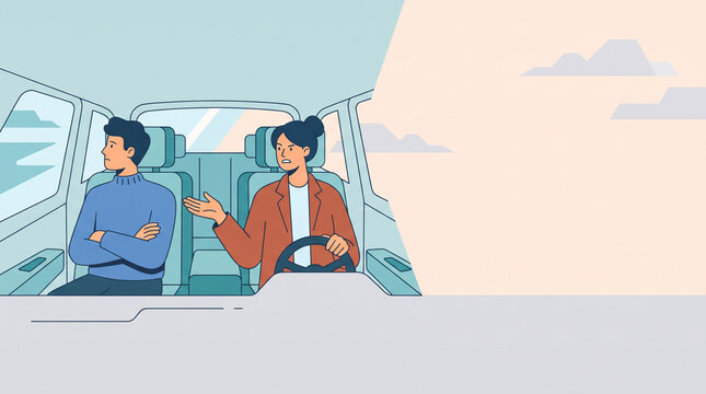 Flat vector illustration of angry couple fighting in a parked car. The frustrated woman is gesturing at the steering wheel while the stressed man crosses his arms looking away.