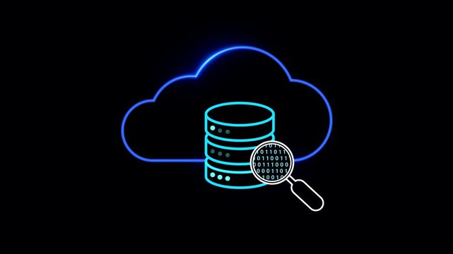 Cloud database search icon with magnifying glass scanning binary data. Digital database, data mining, information retrieval, cloud computing and server storage technology. Animation, alpha channel.