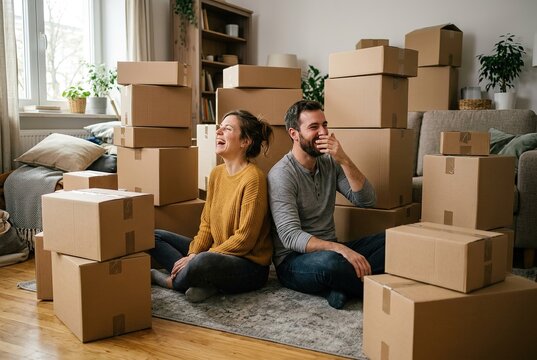 A couple sits on the floor among stacked cardboard boxes in their living room during the Black Friday shopping season