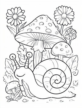 Cute smiling snail with spiral shell and big eyes under a large mushroom surrounded by blooming flowers and leaves in a whimsical cartoon coloring book page style with bold outlines for kids activity