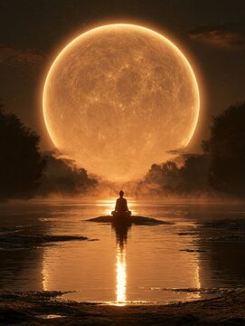 Peaceful silhouette of a person meditating in lotus pose on a calm river shore facing a gigantic glowing golden full moon in the night sky surrounded by dark trees and misty water reflections