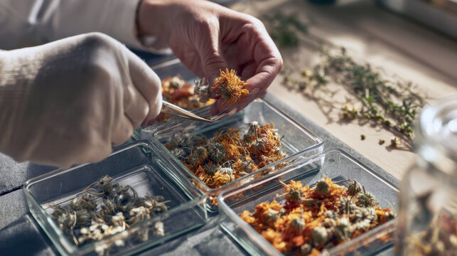 Herbalist hands wearing gloves sorting, selecting dried healing flowers with tweezers inside clean glass containers on a wooden table during traditional natural medicine preparation, quality control