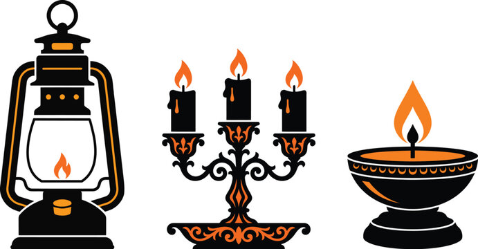 Set of vintage lantern, candelabra and oil lamp vector icons