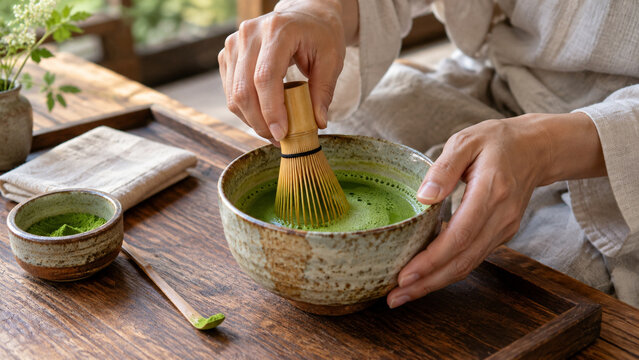 Hands whisking matcha tea in a handmade ceramic bowl