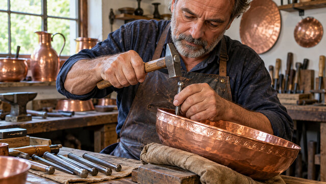 Coppersmith embossing a decorative bowl in a workshop