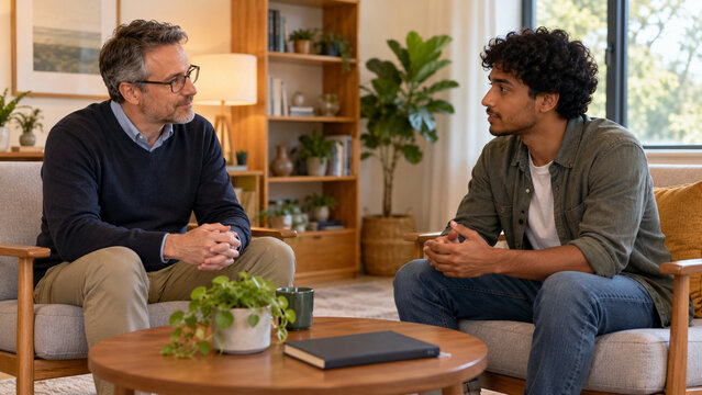 Counselor listening attentively to a man during a session