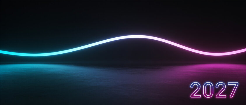 Abstract glowing neon wave line on dark background with pink 2027 text and copy space