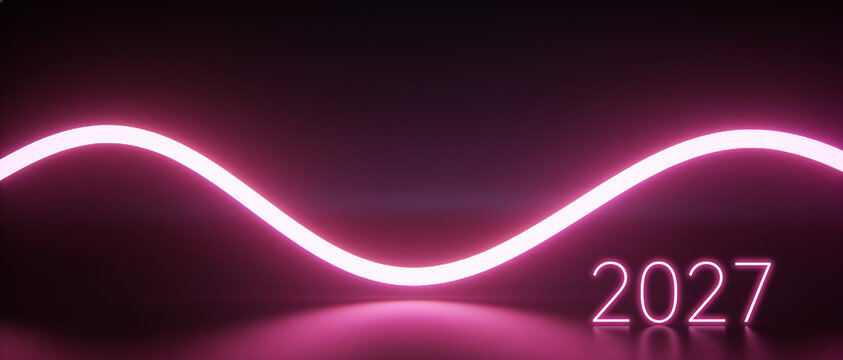 Glowing pink neon line in wave shape with 2027 text on dark background