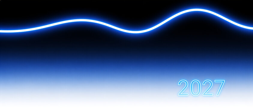 Abstract blue neon wave and glowing 2027 text fading into a bright gradient background with black upper section