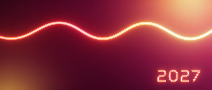 Glowing neon wave line and the year 2027 displayed on a dark red abstract background.2027, neon, wave, glowing, line, background, red, abstract, futuristic, light, year, number, gradient, magenta, ora