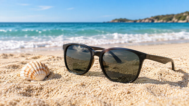 Plain sunglasses resting beside a seashell on soft sand