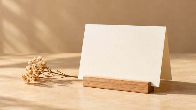 Blank greeting card displayed beside a dried flower stem