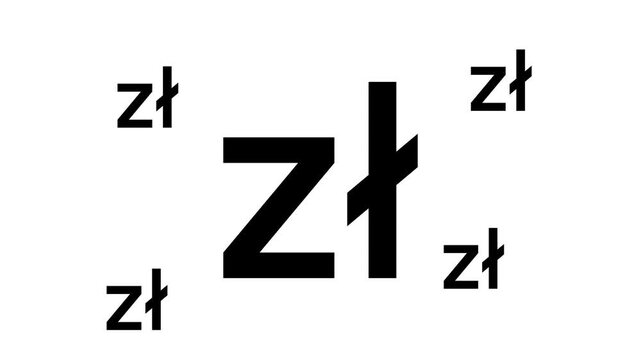 Large black zloty symbol zooms in and out at the center, surrounded by four small copies. Seamless looped 4k animation on white background