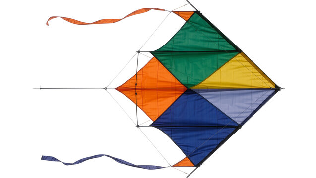 Colorful diamond kite with orange green yellow and blue panels, isolated on transparent background
