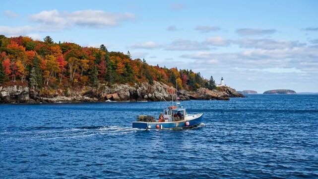 Lobster fishing boat at work in the coast of Maine