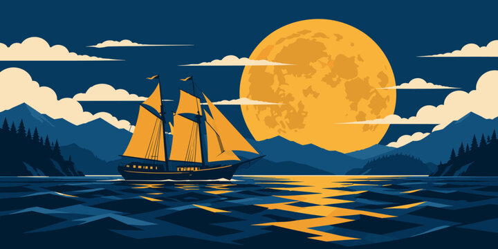 Sailing Ship Crossing Dark Ocean Waves Beneath a Giant Golden Full Moon Wallpaper
