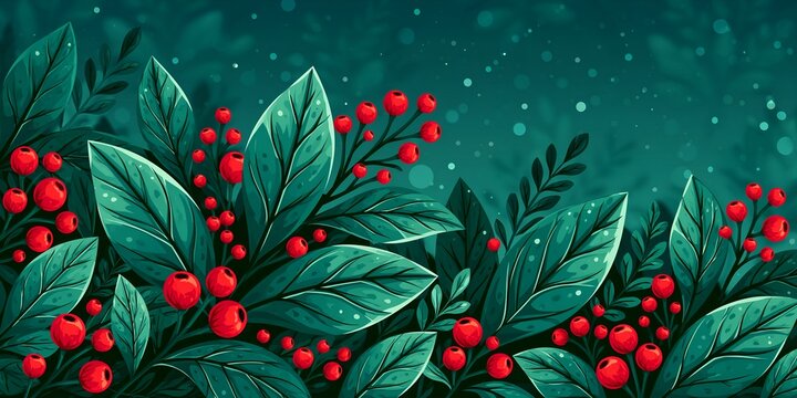 Dark teal background with lush green foliage and clusters of red berries