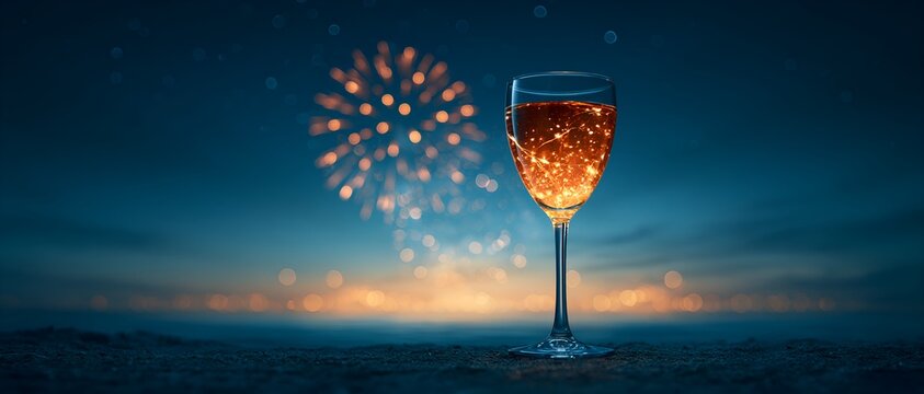 Fireworks illuminate the night above a solitary wine glass