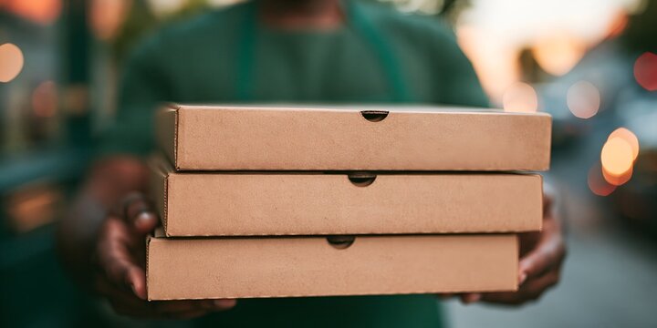 Deliverer offers fresh pizza boxes at dusk