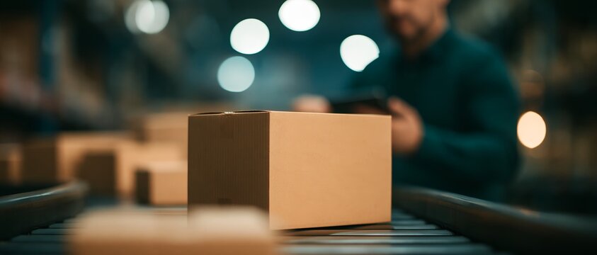 Conveyor belt carrying shipping boxes in a busy warehouse setting with a worker