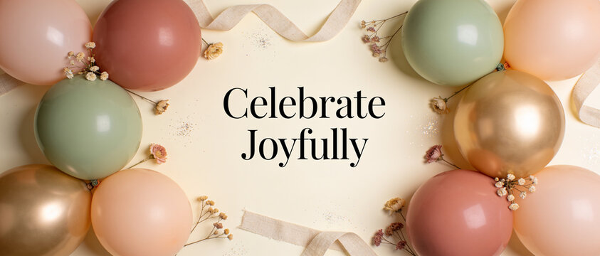 Pastel and metallic balloons frame the text Celebrate Joyfully surrounded by dried flowers and ribbons in a flat lay composition.