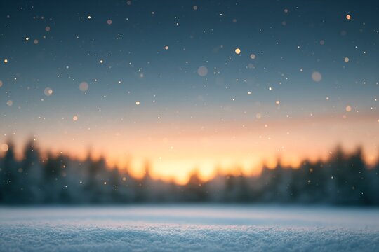 Winter sunset with snowflakes drifting over quiet forest