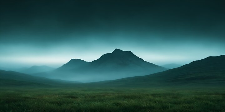 Serene mountain range in mist, green meadow
