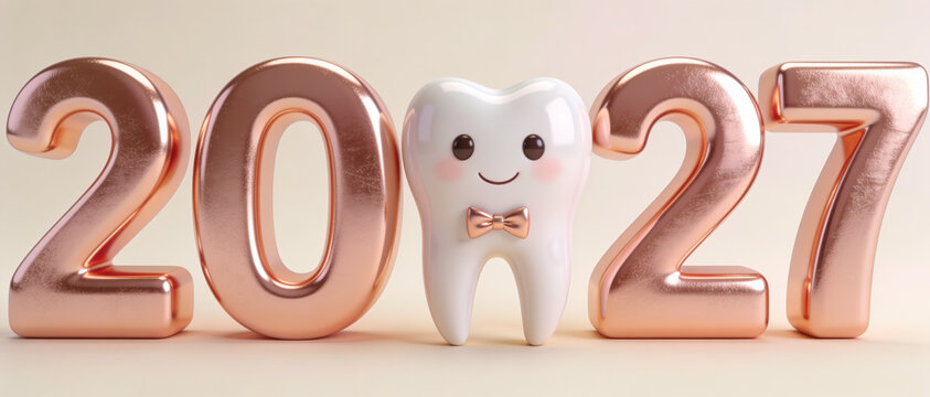 Metallic rose gold 2027 numbers feature a cute smiling tooth character on a light beige background.