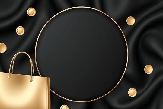 Black satin draped with gold frame and shopping bag
