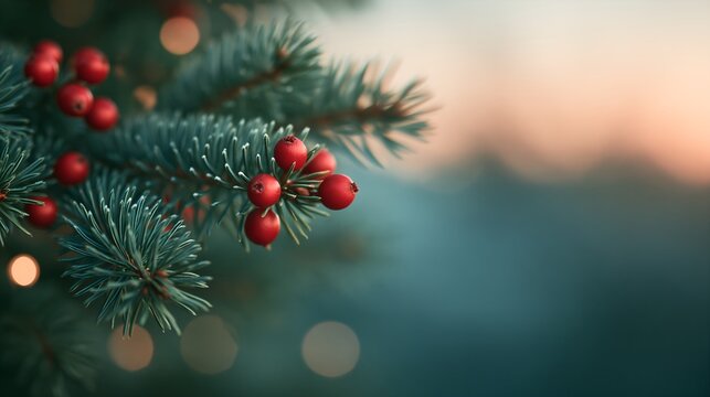 Pine needles and red berries catch soft sunset light