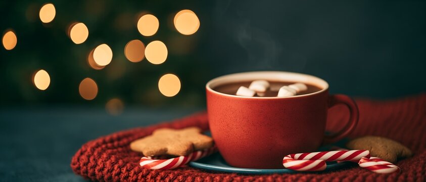 Mug of hot chocolate with marshmallows on knitted mat