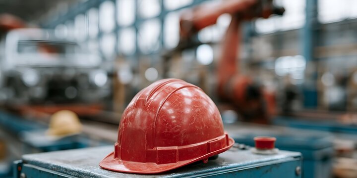 Hard hat on metal box in factory setting, machinery out of focus