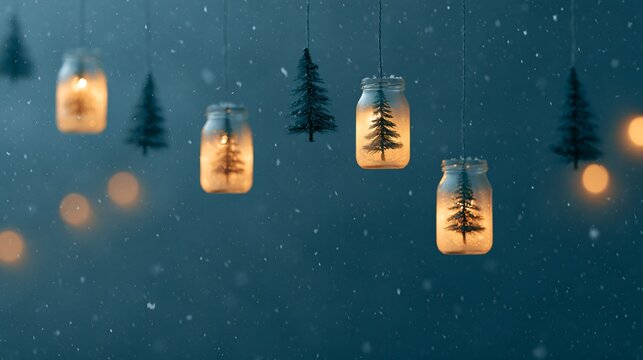 Festive scene of hanging glass jars with glowing trees