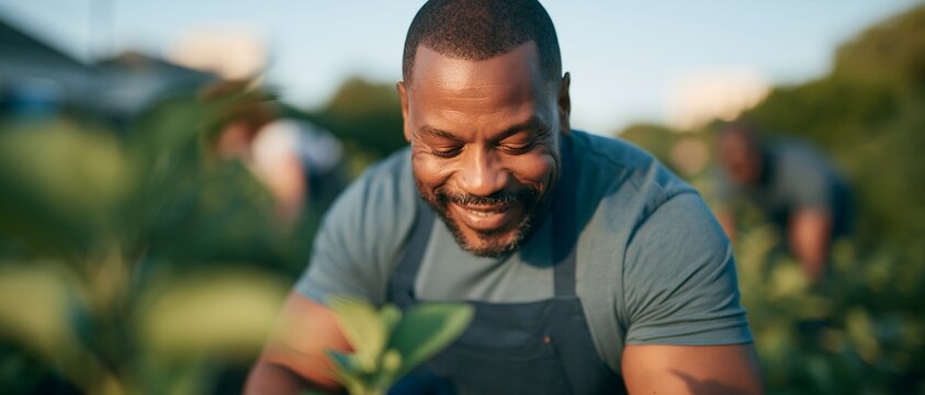 man with beard happily works in lush green garden