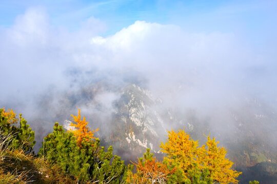 View of a cloudy landscape from &Scaron;entenski Vrh near Dobrča in Gorenjska, Slovenia