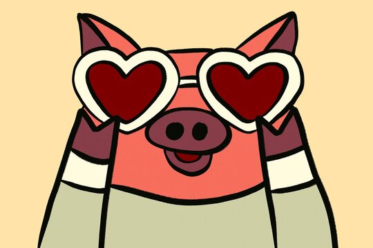 Cute pig character with heart glasses for Valentine's Day