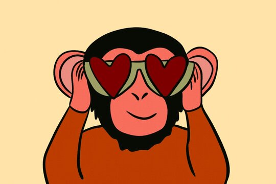 Cute monkey with heart sunglasses for Valentine's Day