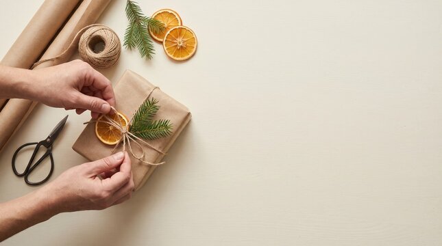 Hands wrapping a Christmas gift with kraft paper twine and dried orange
