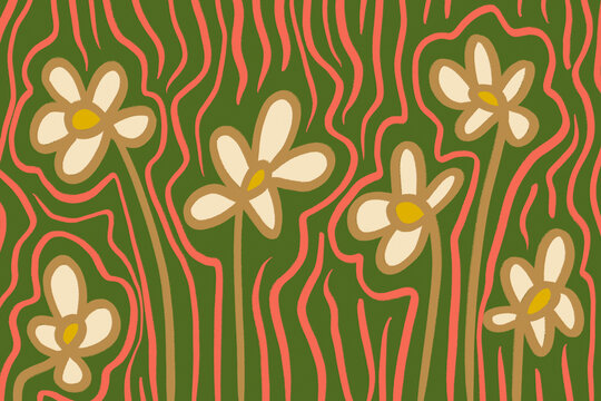 Retro mid-century modern groovy 70s floral background