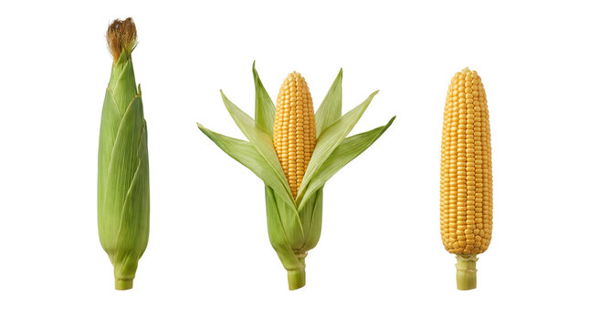 Fresh sweet corn cobs with green husks arranged horizontally on transparent background