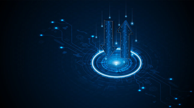 Up and down arrows on a dark blue background. The concept relates to the transmission or exchange of high-tech digital data. The idea is for fast connectivity and large data sets.