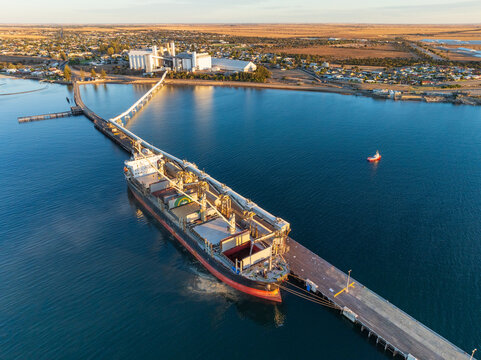 Aerial view of Wallaroo port and grain terminal at sunset