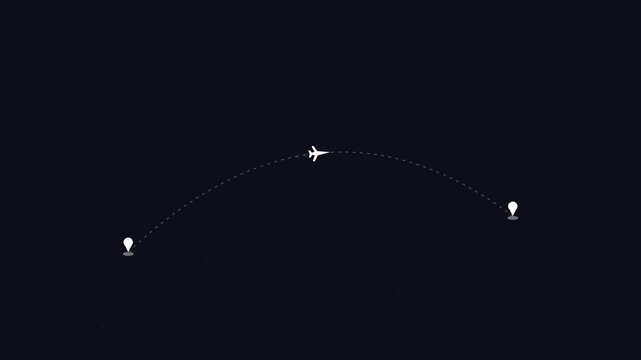 Animated airplane flight path with location pins on dark background